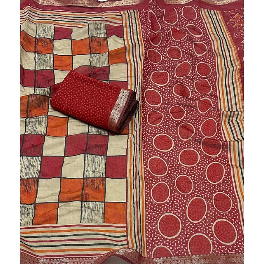 Amfyn Women's Dupion Silk Block Printed Saree With Unstitched Blouse 5.5Mtr (Multicolor)