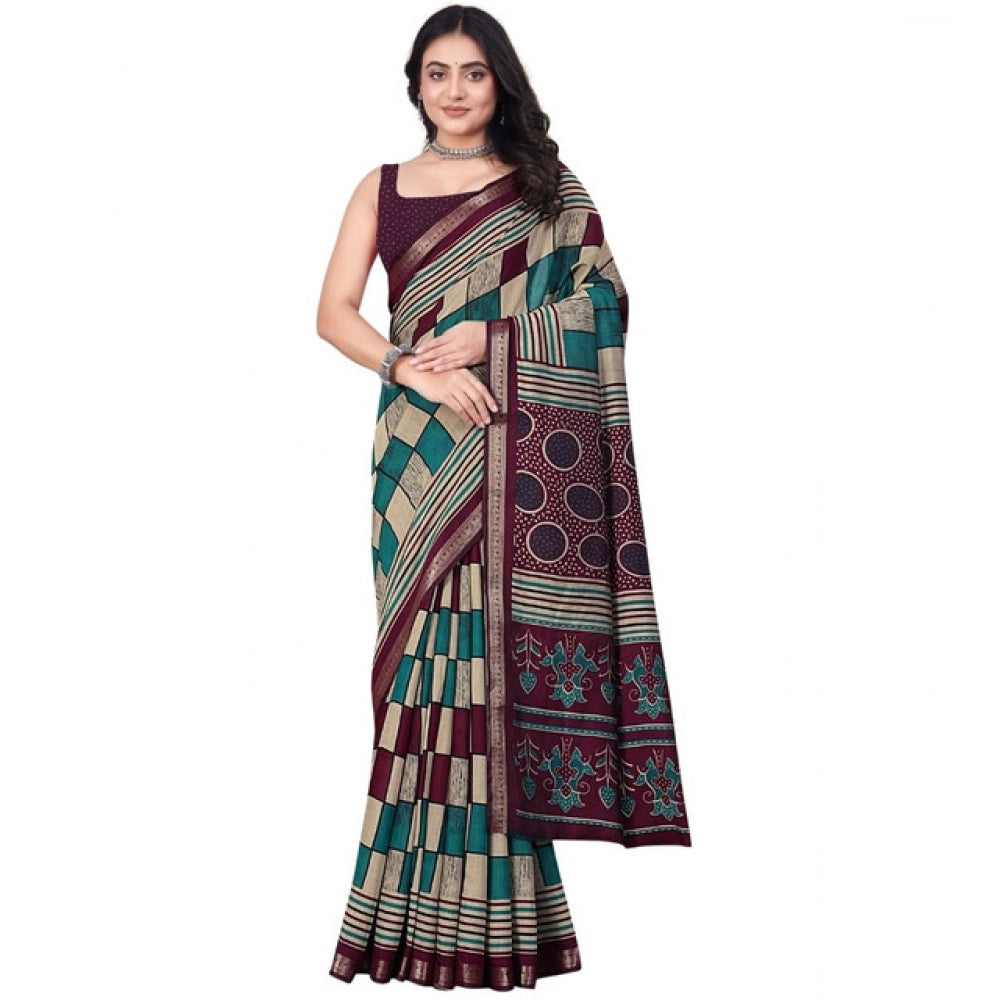 Amfyn Women's Dupion Silk Block Printed Saree With Unstitched Blouse 5.5Mtr (Multicolor)