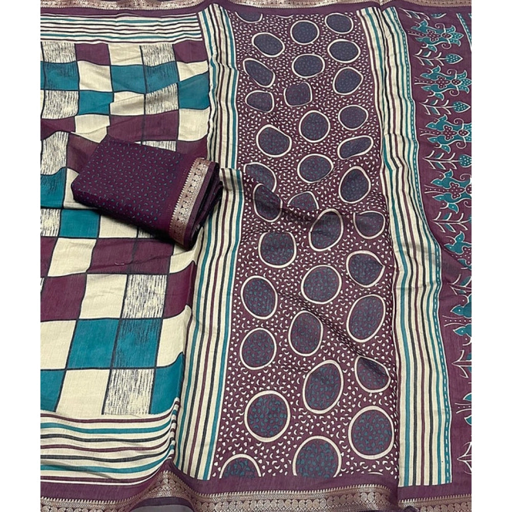 Amfyn Women's Dupion Silk Block Printed Saree With Unstitched Blouse 5.5Mtr (Multicolor)
