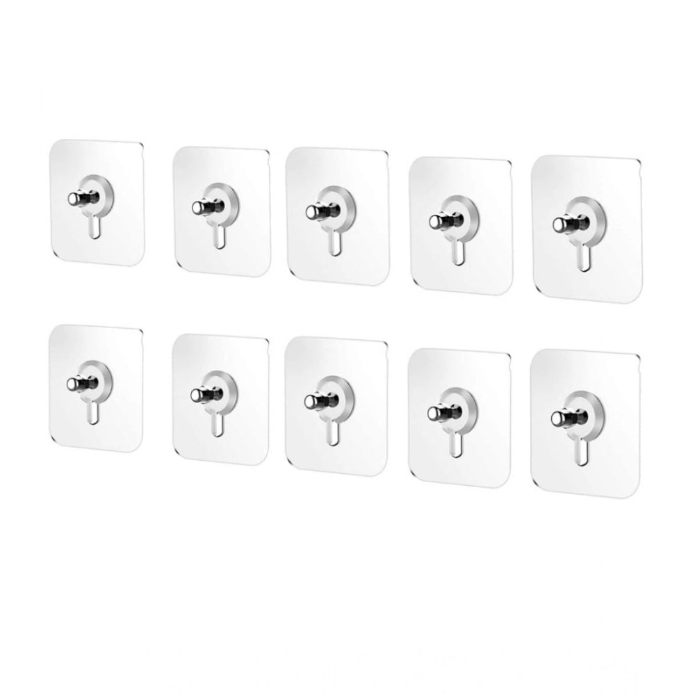 Pack of 10 wall hooks with silver metal knobs on white mounting plates