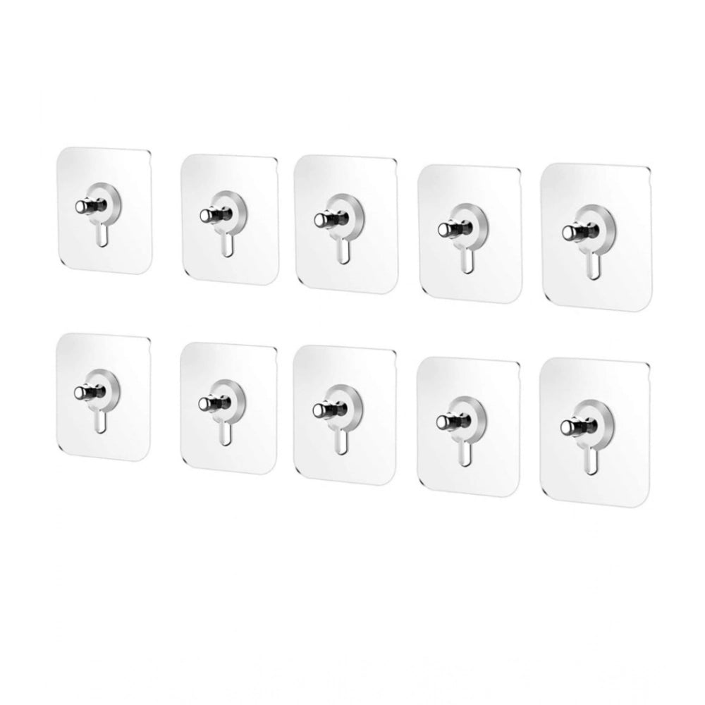 Set of 10 wall hooks with silver knobs on white square mounting plates