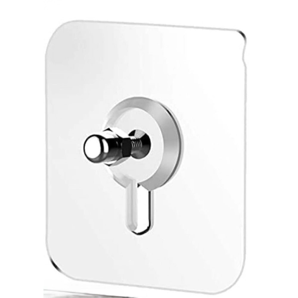 Round silver wall hook with lever handle on white square back plate