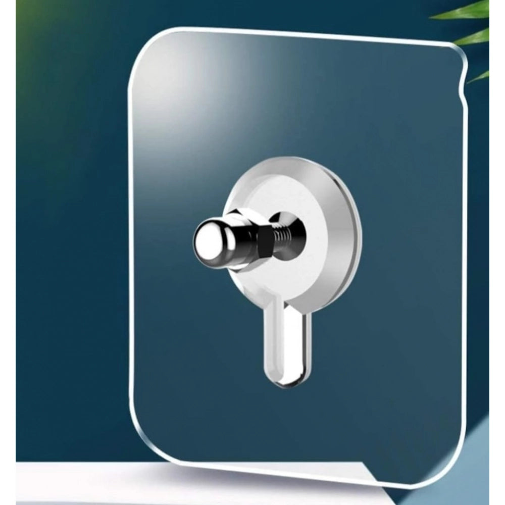 Silver wall hook with lever handle on white square mounting plate