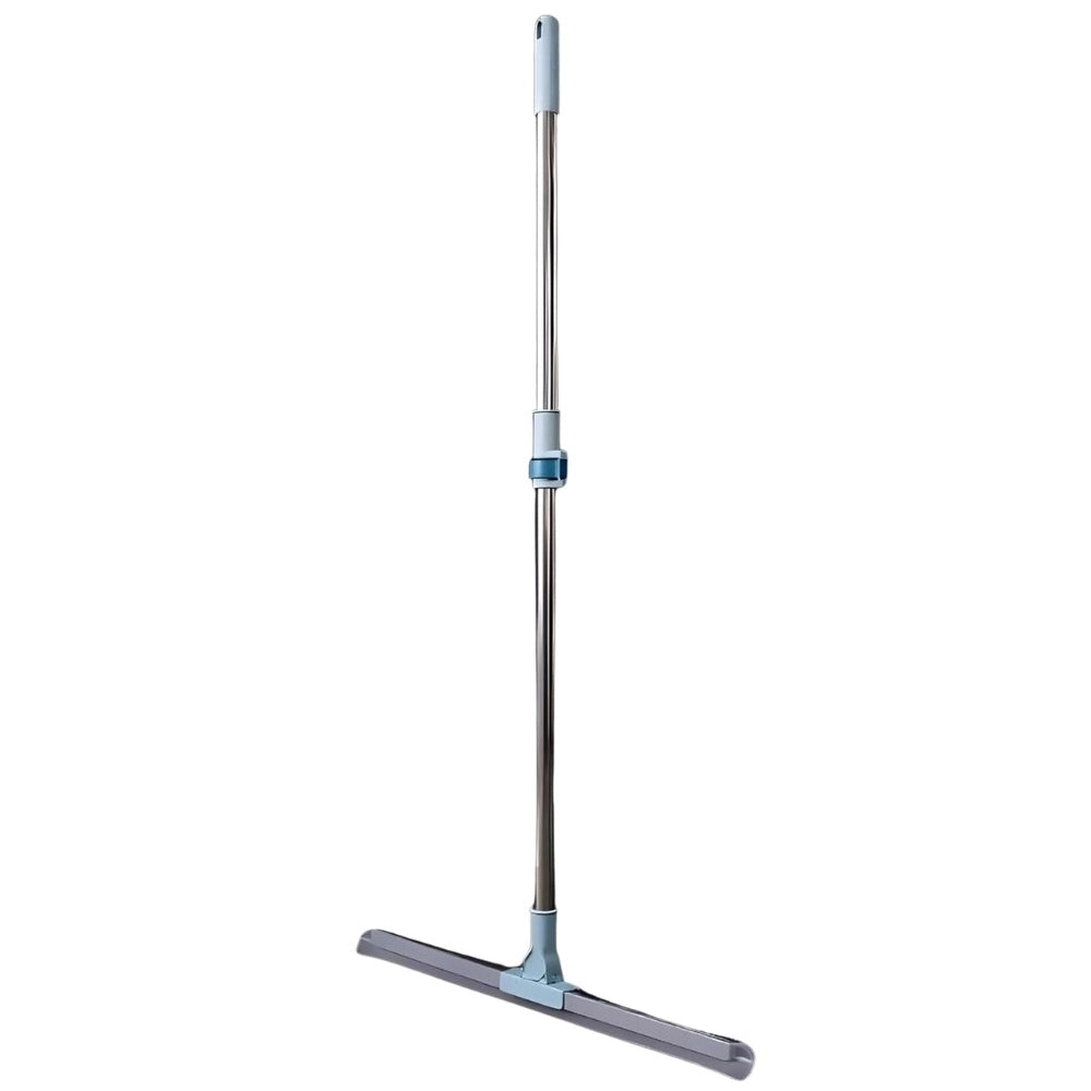Telescopic floor wiper with dark wiper blade and light-blue metal handle