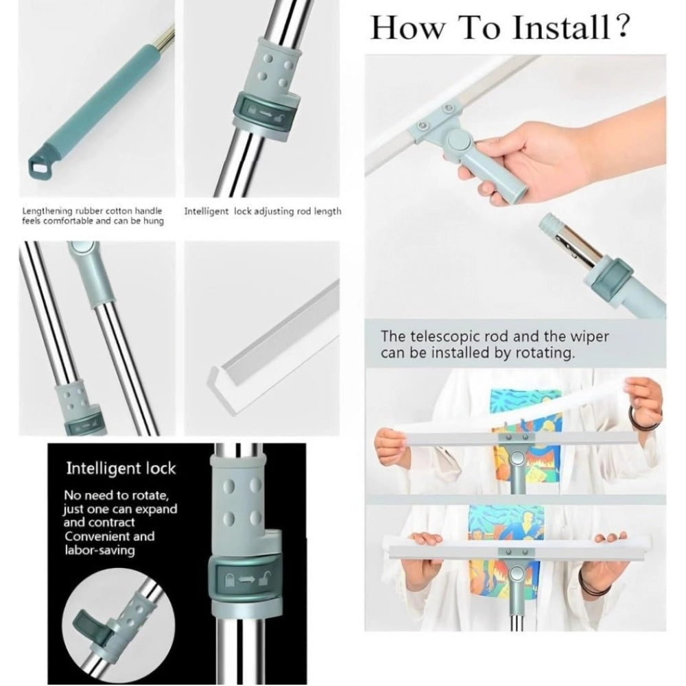 Telescopic floor wiper with teal lock collar and rotating rod connector detail