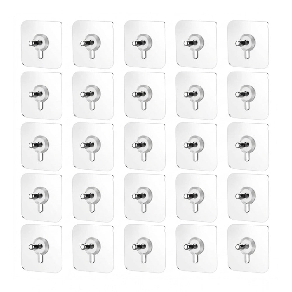 Pack of 25 acrylic-metal wall hooks, clear square plates with silver round mounts