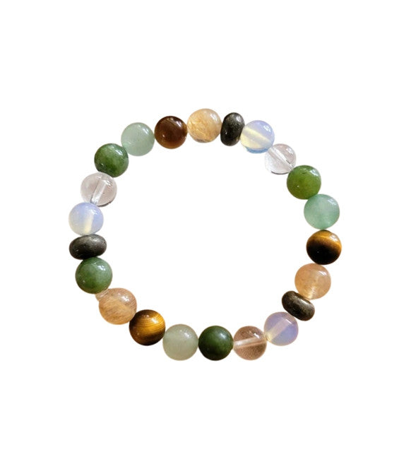 Multicolor crystal bead bracelet with round beads in green, gold, black, and clear opal tones