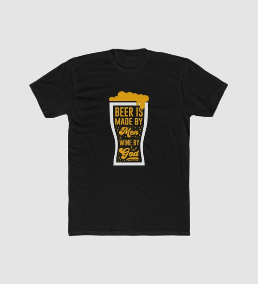 Men's black polyester T-shirt with round neck, short sleeves, and beer graphic print