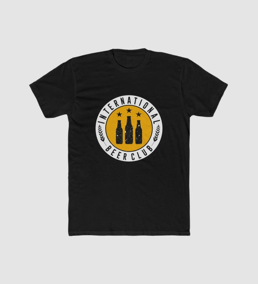 Men's black polyester crewneck T-shirt with International Beer Club chest logo
