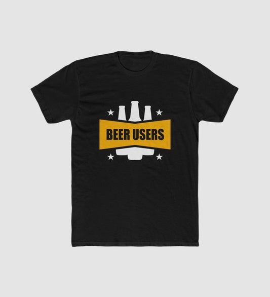 Men's black polyester crew-neck T-shirt with 'BEER USERS' beer print