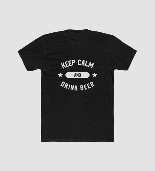 Men's black polyester T-shirt, round neck, 'KEEP CALM AND DRINK BEER' print