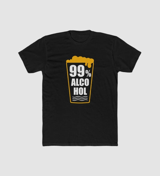 Black polyester crew-neck T-shirt with '99% ALCOHOL' front print