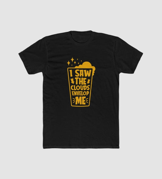 Men's black polyester T-shirt with round neck, short sleeves, and yellow graphic print