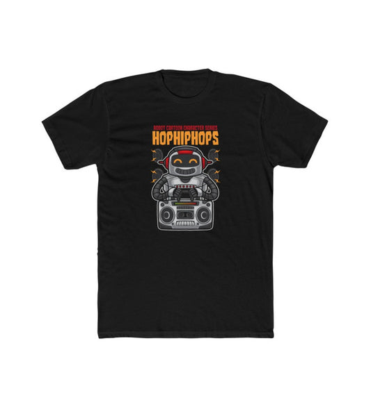 Black men's polyester T-shirt, round neck, short sleeves, front robot graphic print