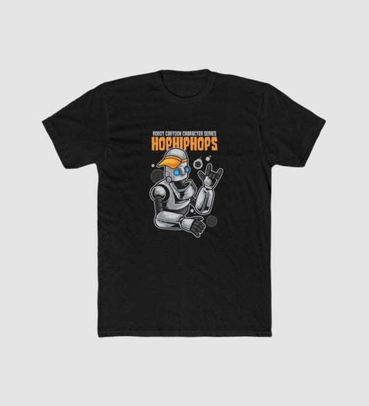 Men's black crew-neck short-sleeve T-shirt with colorful robot graphic print