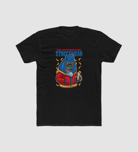 Men's black polyester printed T-shirt, round neck, short sleeves, streetwear graphic