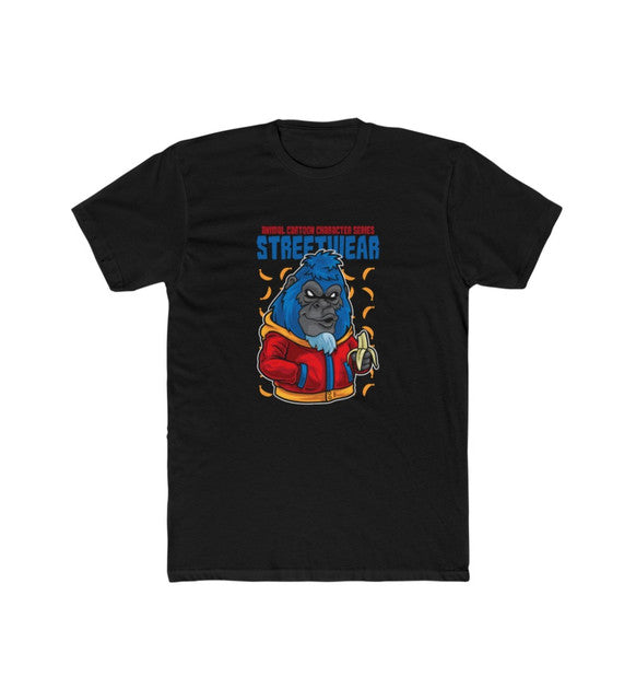 Men’s black polyester printed round-neck short-sleeve T-shirt with colorful front graphic