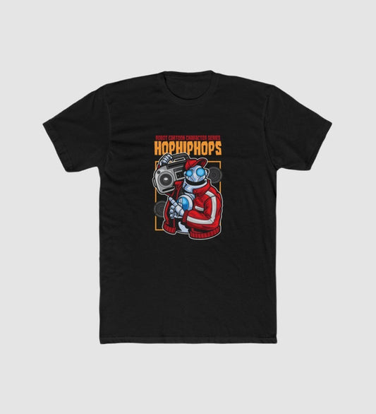Men's black polyester graphic T-shirt, round neck and short sleeves