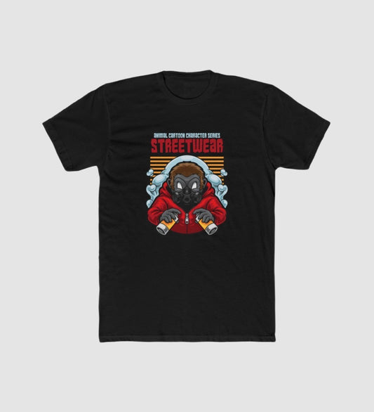 Men's black polyester crew-neck T-shirt with front graphic print