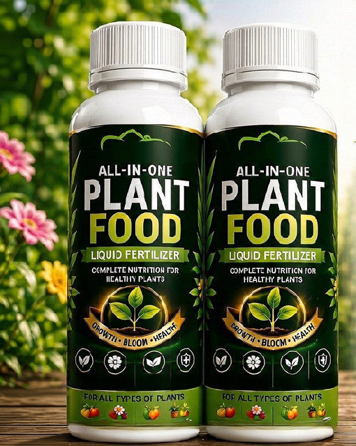 Two all-in-one plant food liquid fertilizer bottles, white caps, dark green labels.