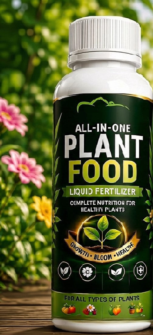 Single liquid plant food fertilizer bottle with white cap and dark green label.