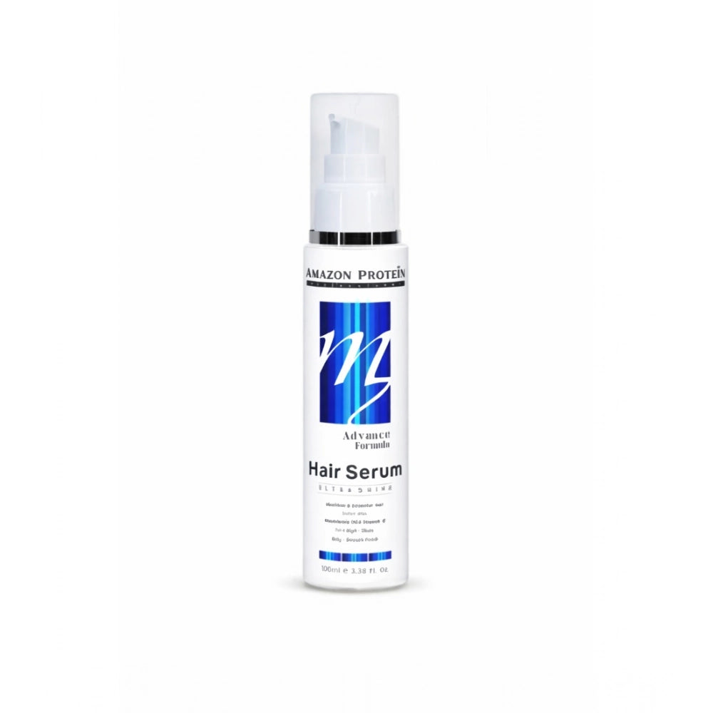 Amazon Protein hair serum bottle with pump, white and blue label