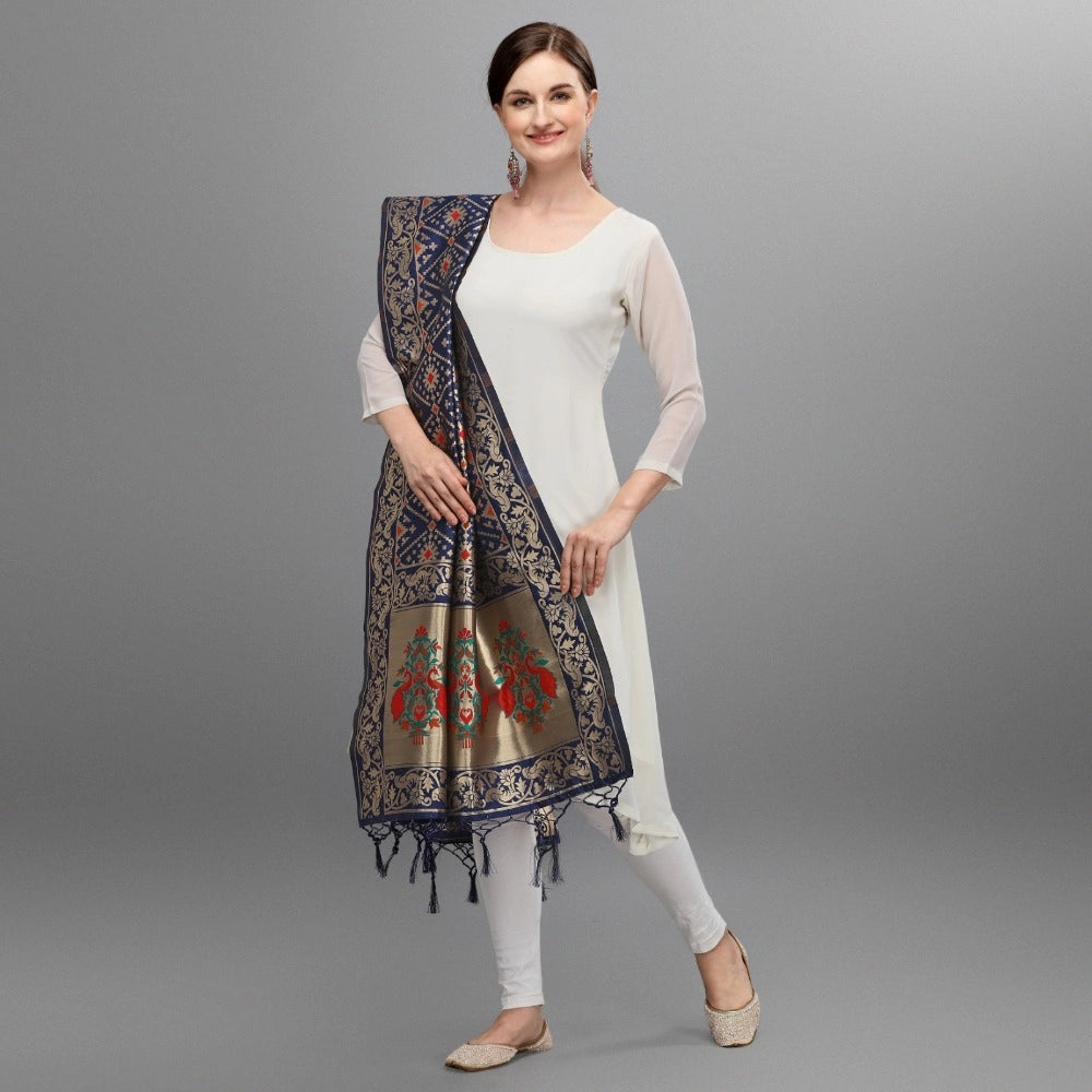 Fashion Women's Silk Pure Zari weaving Duppatta (Navy Blue, Leangth: 2-2.3 Mtrs)