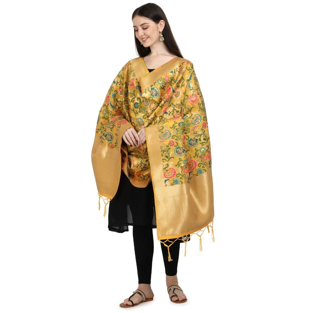 Fashion Women's Silk Pure Zari weaving Duppatta (Yellow, Leangth: 2-2.3 Mtrs)