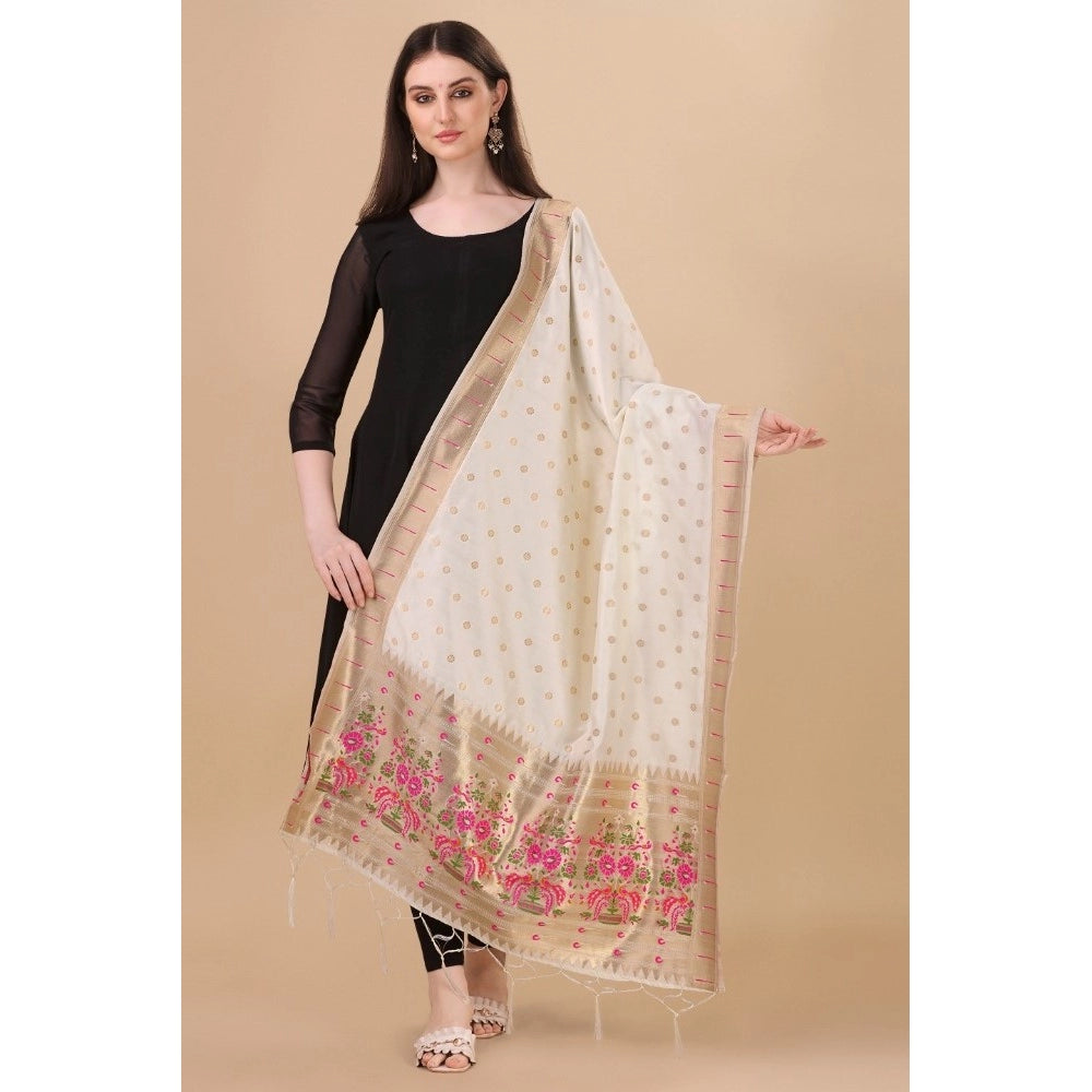 Fashion Women's Silk Pure Zari weaving Duppatta (White, Leangth: 2-2.3 Mtrs)