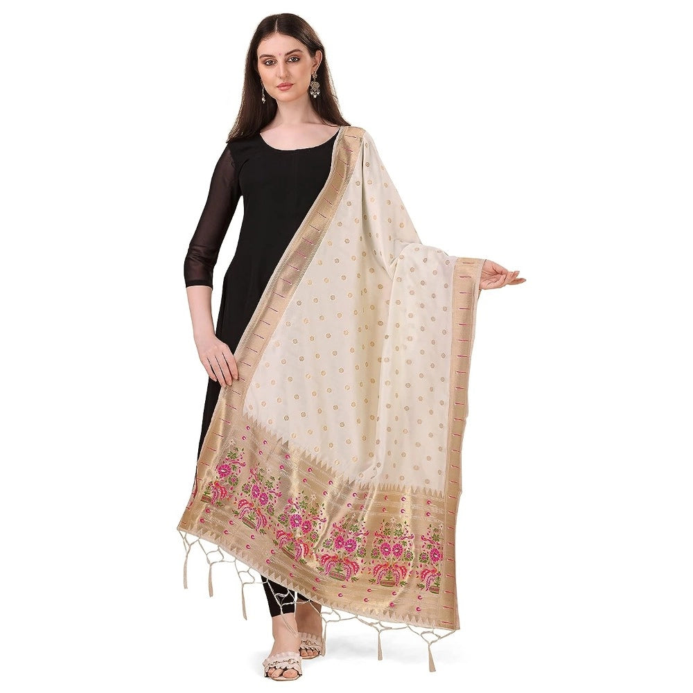 Fashion Women's Silk Pure Zari weaving Duppatta (White, Leangth: 2-2.3 Mtrs)