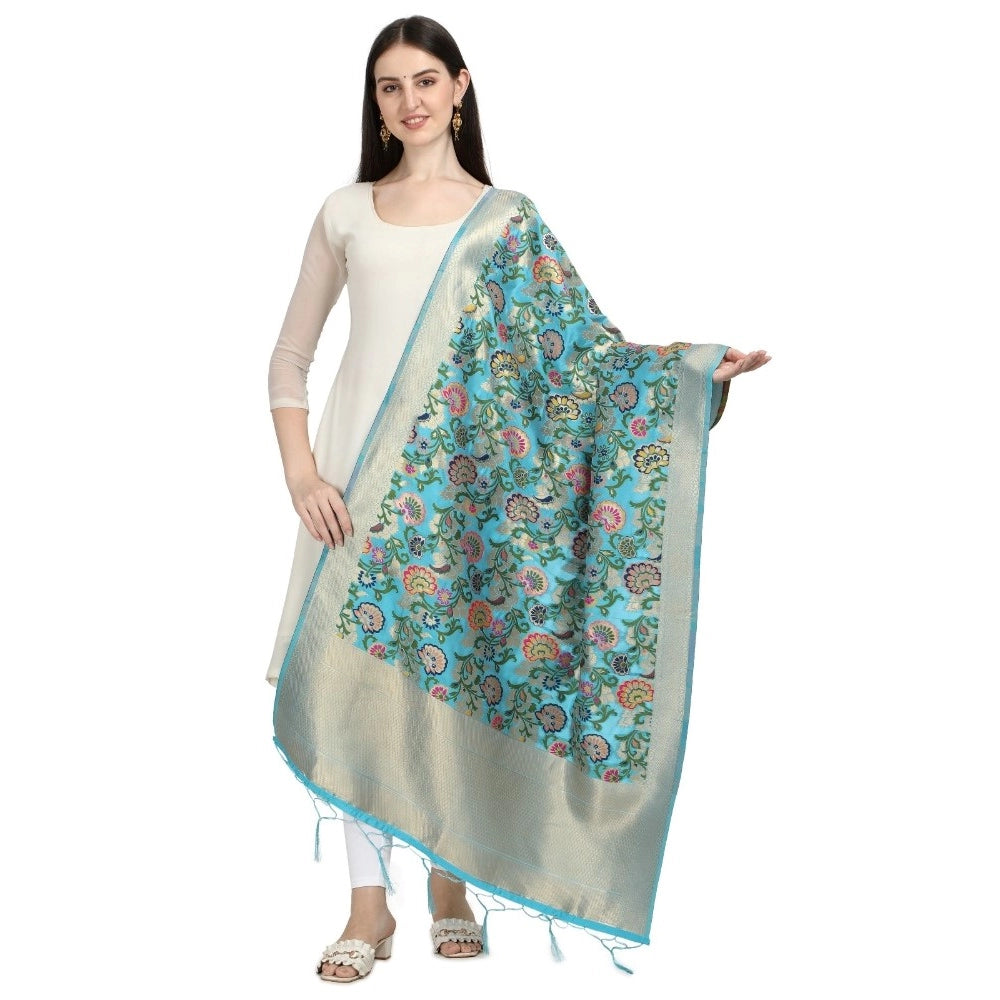 Fashion Women's Silk Pure Zari weaving Duppatta (Light Blue, Leangth: 2-2.3 Mtrs)