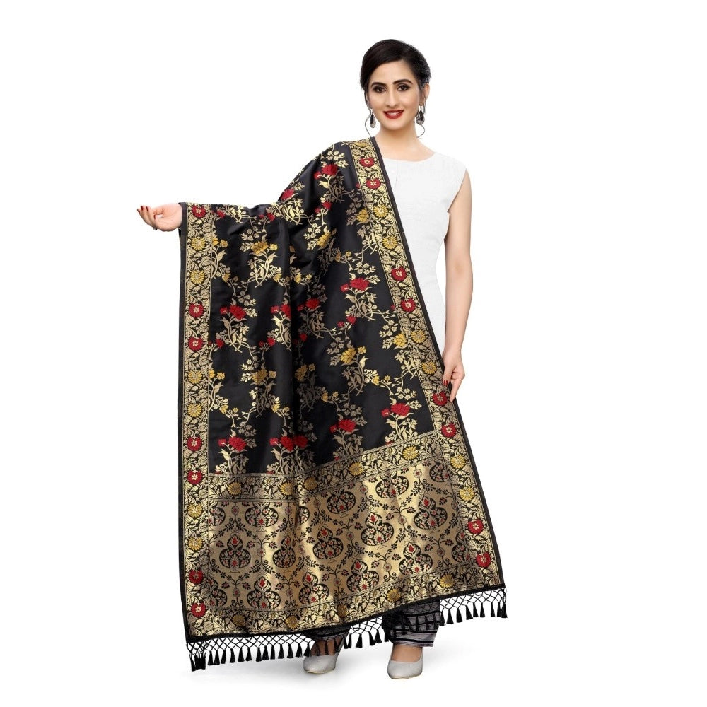 Fashion Women's Silk Pure Zari weaving Duppatta (Black, Leangth: 2-2.3 Mtrs)