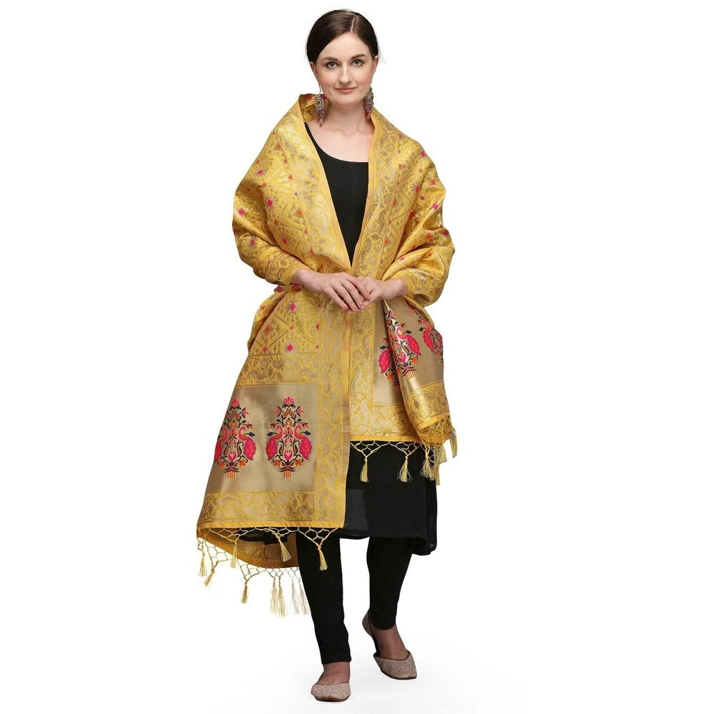 Fashion Women's Silk Pure Zari weaving Duppatta (Mustard Yellow, Leangth: 2-2.3 Mtrs)