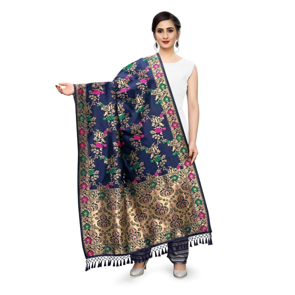 Fashion Women's Silk Pure Zari weaving Duppatta (Navy Blue, Leangth: 2-2.3 Mtrs)